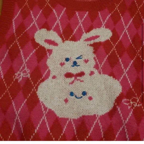 Romwe Knit Vest Top red pink Bunny print size L - Picture 3 of 4